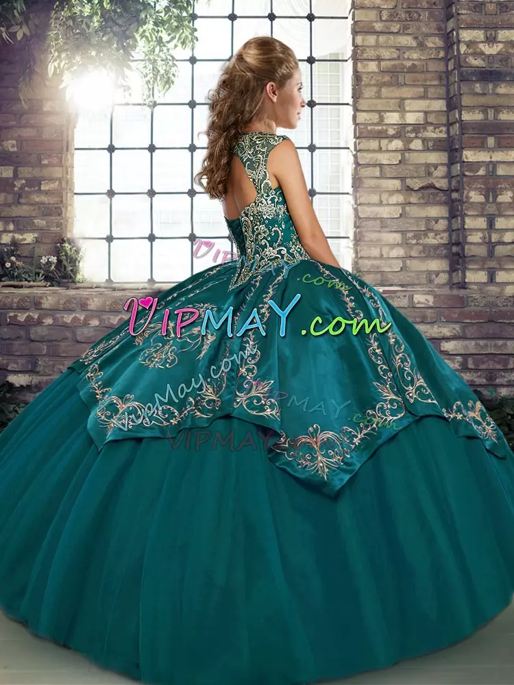 Custom Fit Tulle Sleeveless Floor Length Quinceanera Dresses and Beading and Embroidery