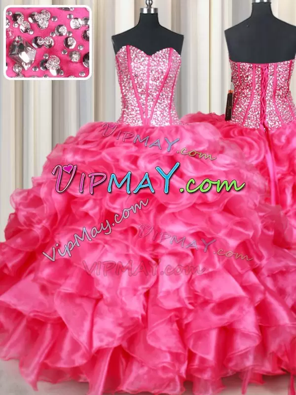 Great Hot Pink Sweetheart Lace Up Beading and Ruffles Quinceanera Dress Sleeveless