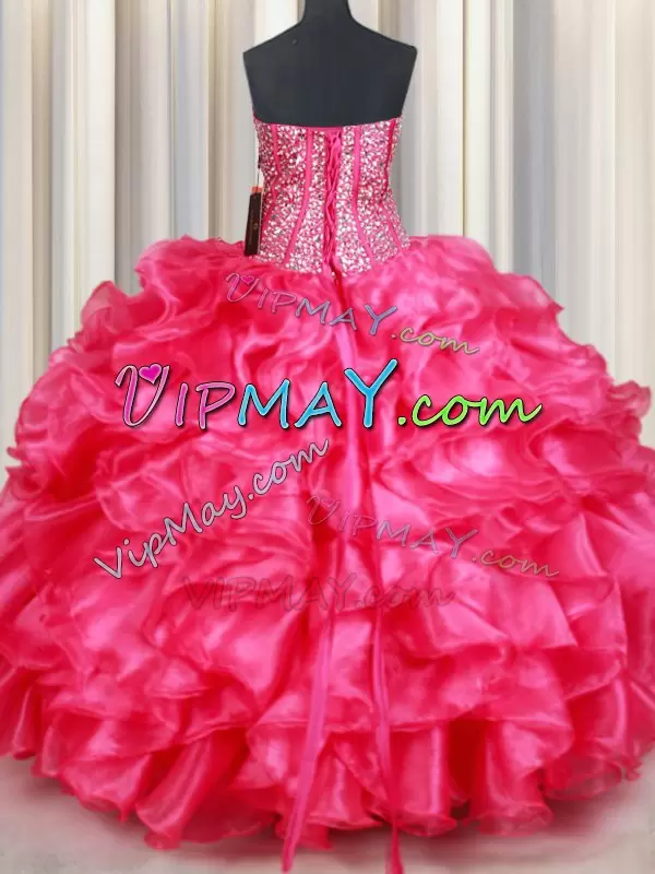 Great Hot Pink Sweetheart Lace Up Beading and Ruffles Quinceanera Dress Sleeveless