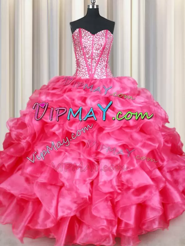 Great Hot Pink Sweetheart Lace Up Beading and Ruffles Quinceanera Dress Sleeveless