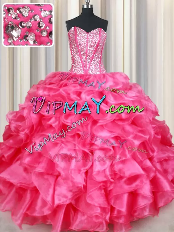 Great Hot Pink Sweetheart Lace Up Beading and Ruffles Quinceanera Dress Sleeveless