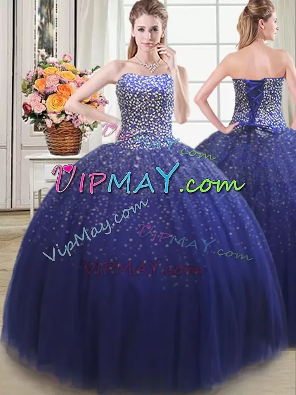 Royal Blue Ball Gowns Tulle Sweetheart Sleeveless Beading Floor Length Lace Up Ball Gown Prom Dress