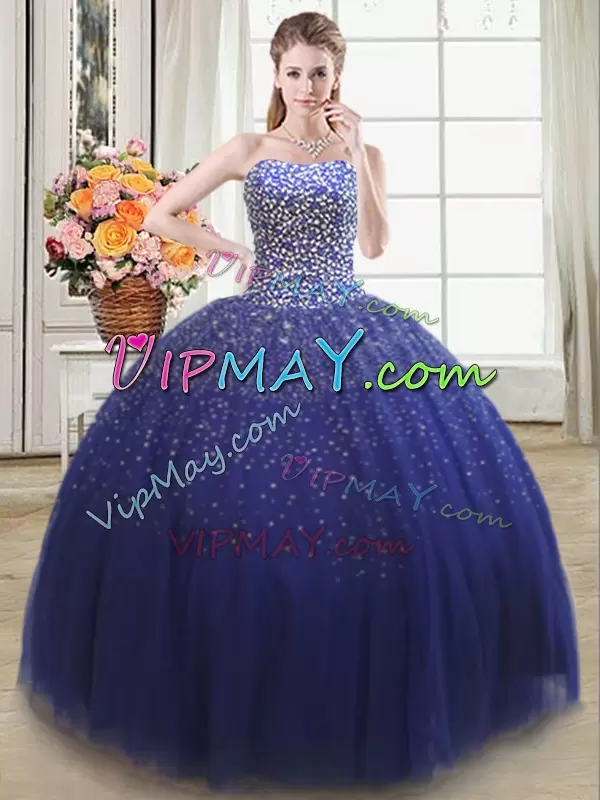 Royal Blue Ball Gowns Tulle Sweetheart Sleeveless Beading Floor Length Lace Up Ball Gown Prom Dress