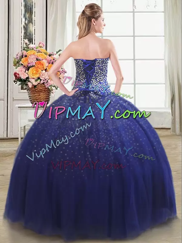 Royal Blue Ball Gowns Tulle Sweetheart Sleeveless Beading Floor Length Lace Up Ball Gown Prom Dress