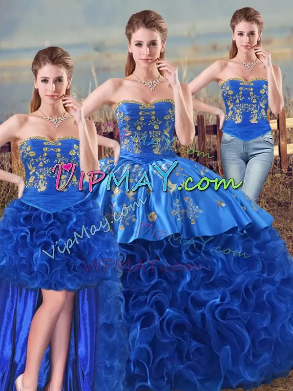 Fabric With Rolling Flowers Sweetheart Sleeveless Lace Up Embroidery and Ruffles Sweet 16 Dress in Royal Blue