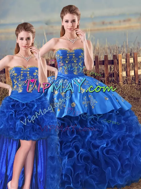 Fabric With Rolling Flowers Sweetheart Sleeveless Lace Up Embroidery and Ruffles Sweet 16 Dress in Royal Blue