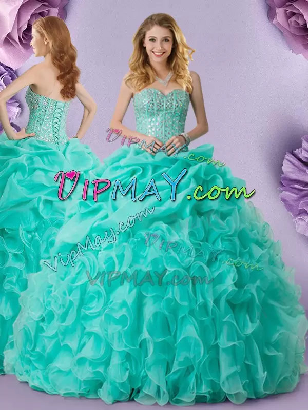 Beauteous Turquoise Sleeveless Beading and Ruffles and Pick Ups Floor Length Quinceanera Dresses