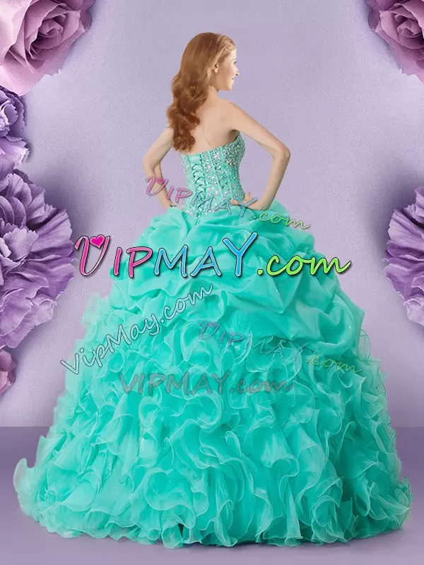 Beauteous Turquoise Sleeveless Beading and Ruffles and Pick Ups Floor Length Quinceanera Dresses