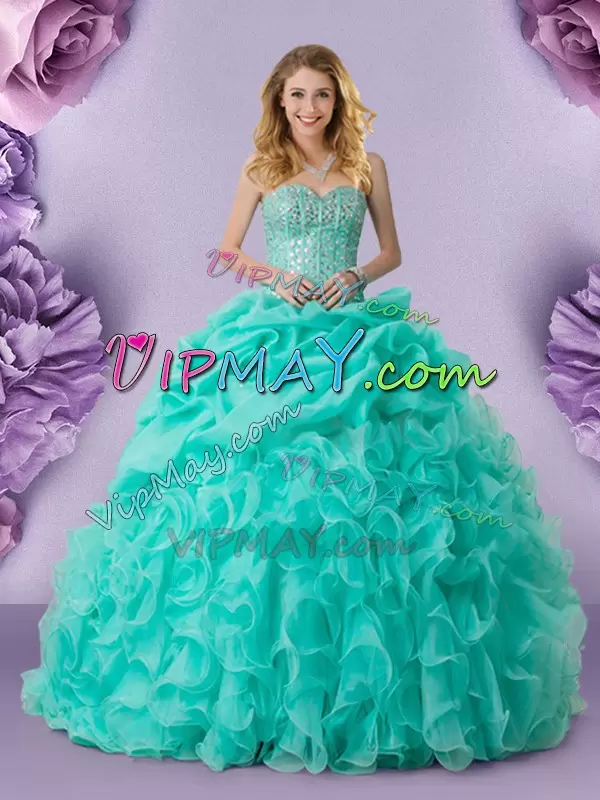 Beauteous Turquoise Sleeveless Beading and Ruffles and Pick Ups Floor Length Quinceanera Dresses