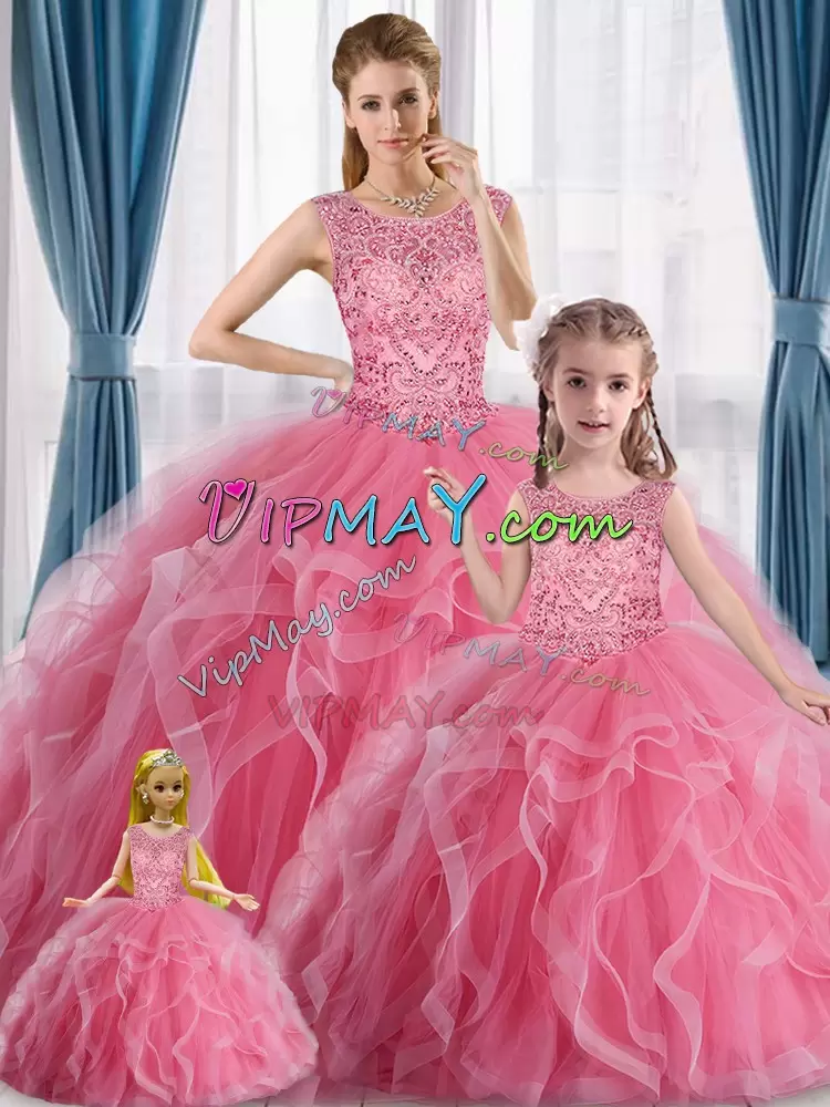 Noble Pink Ball Gowns Tulle Scoop Sleeveless Beading Floor Length Vestidos de Quinceanera