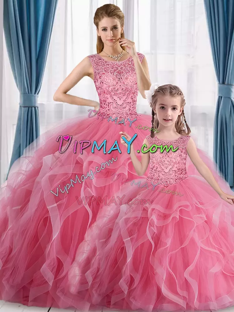 Noble Pink Ball Gowns Tulle Scoop Sleeveless Beading Floor Length Vestidos de Quinceanera