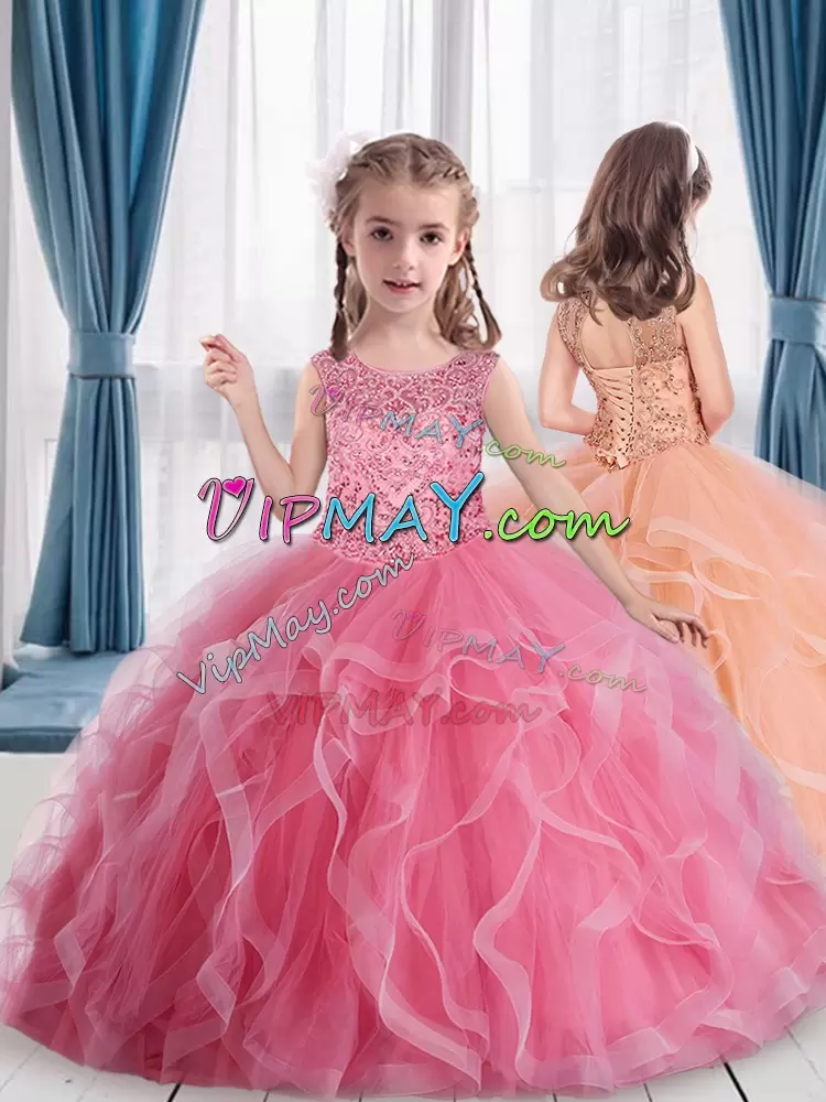 Noble Pink Ball Gowns Tulle Scoop Sleeveless Beading Floor Length Vestidos de Quinceanera