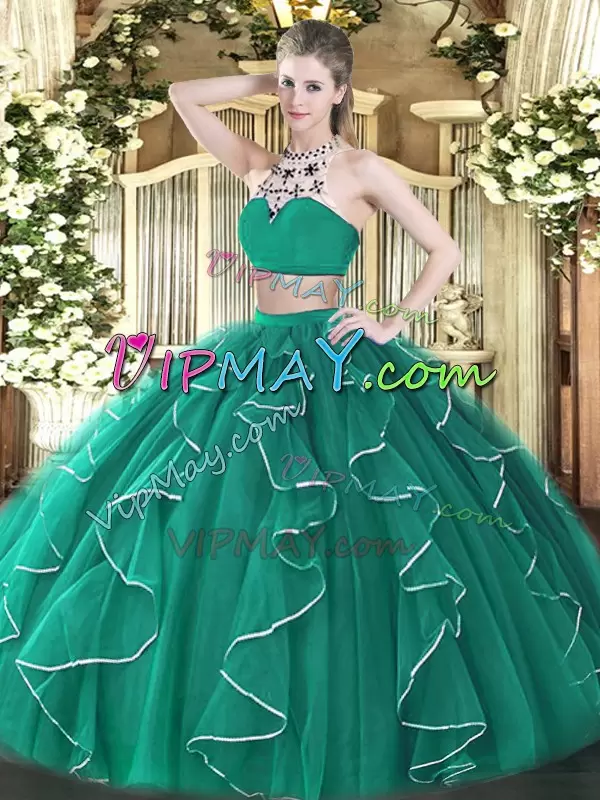 Romantic Turquoise Two Pieces Beading and Ruffles Quinceanera Gown Backless Tulle Sleeveless Floor Length