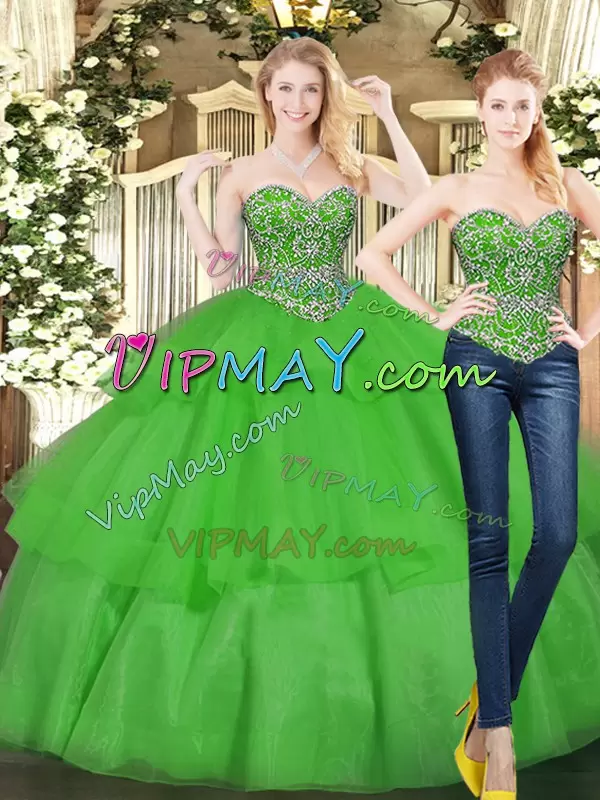 Clearance Green Organza Lace Up Sweetheart Sleeveless Floor Length Quinceanera Gown Beading and Ruffled Layers