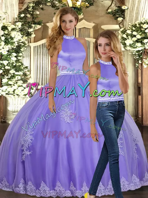 Sophisticated Lavender Tulle Backless Halter Top Sleeveless Floor Length Quinceanera Gown Appliques