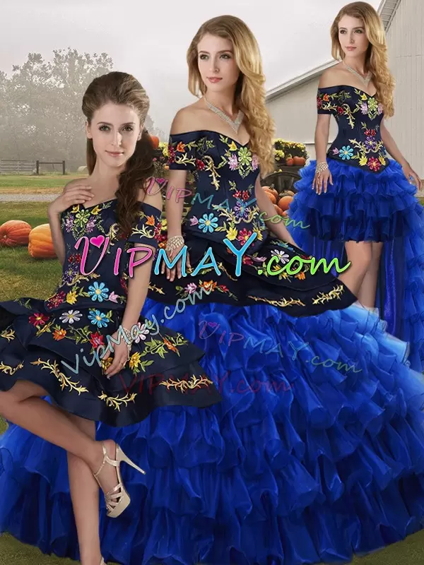 Dynamic Floor Length Blue And Black Quinceanera Dresses Organza Sleeveless Embroidery and Ruffled Layers