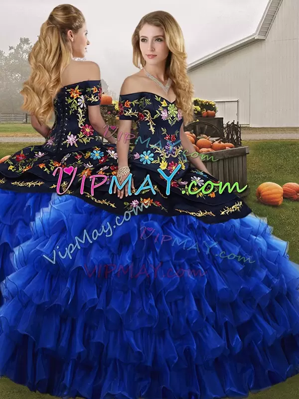 Dynamic Floor Length Blue And Black Quinceanera Dresses Organza Sleeveless Embroidery and Ruffled Layers