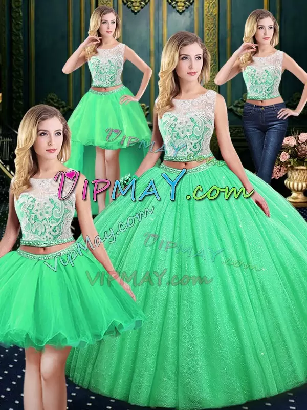 Discount Scoop Sleeveless 15 Quinceanera Dress Floor Length Lace and Sequins Tulle and Sequined