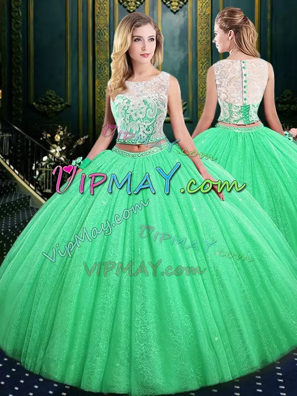 Discount Scoop Sleeveless 15 Quinceanera Dress Floor Length Lace and Sequins Tulle and Sequined