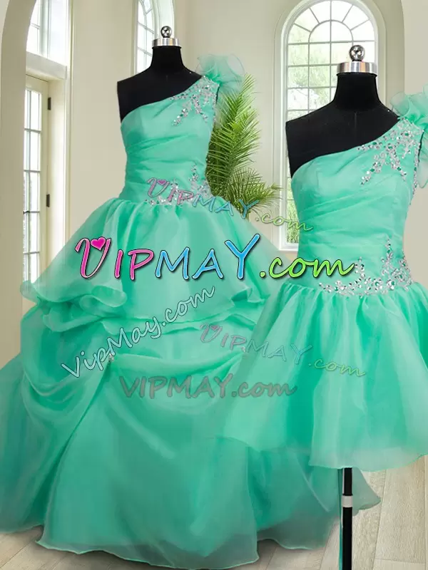 Turquoise Organza Lace Up Quinceanera Dresses Sleeveless Floor Length Beading and Hand Made Flower