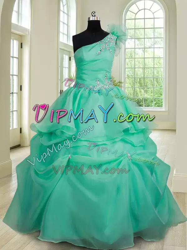 Turquoise Organza Lace Up Quinceanera Dresses Sleeveless Floor Length Beading and Hand Made Flower