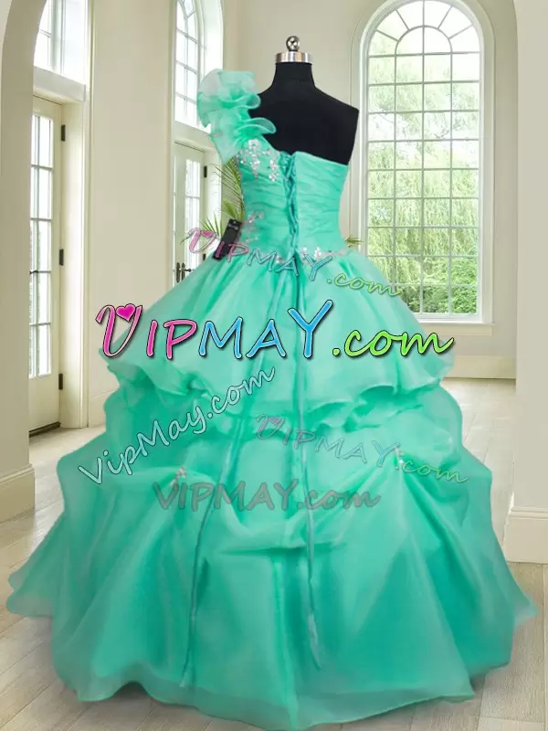 Turquoise Organza Lace Up Quinceanera Dresses Sleeveless Floor Length Beading and Hand Made Flower