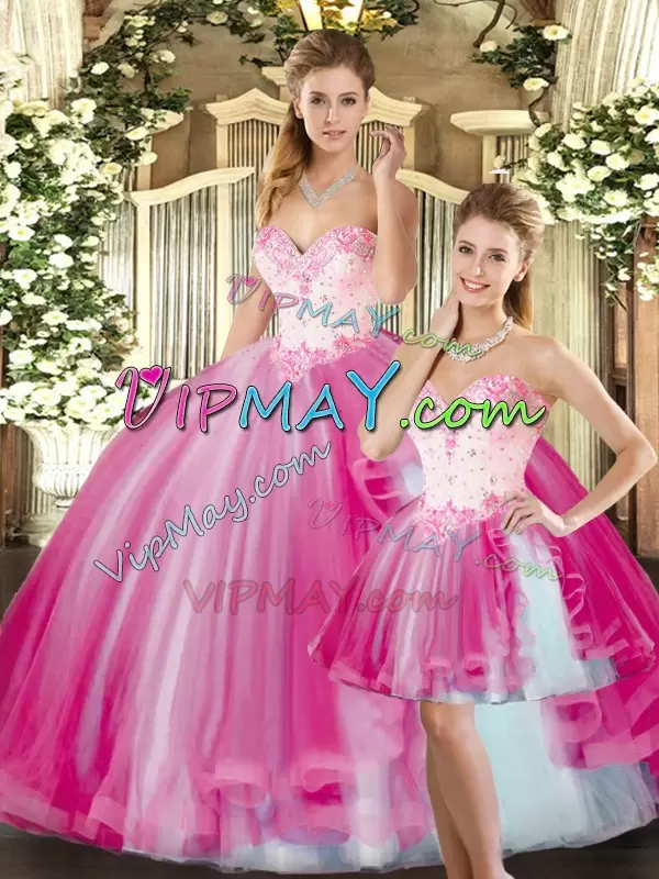 Fuchsia Tulle Lace Up Quince Ball Gowns Sleeveless Floor Length Beading