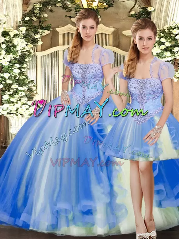 Trendy Ball Gowns Quinceanera Dress Blue Strapless Tulle Sleeveless Floor Length Lace Up