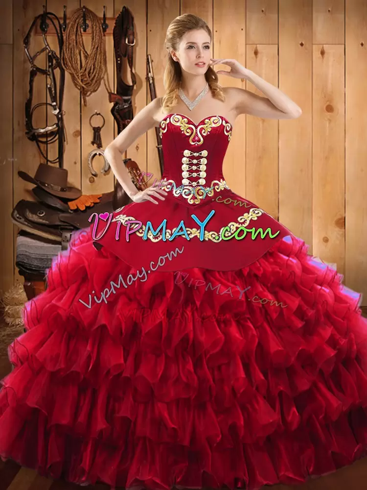 Exquisite Wine Red Ball Gowns Sweetheart Sleeveless Satin and Organza Floor Length Lace Up Embroidery and Ruffled Layers Quinceanera Dresses