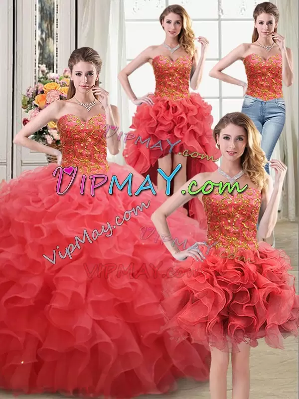 Sleeveless Organza Floor Length Lace Up Sweet 16 Dress in Coral Red with Beading and Ruffles