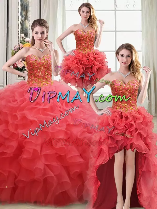 Sleeveless Organza Floor Length Lace Up Sweet 16 Dress in Coral Red with Beading and Ruffles