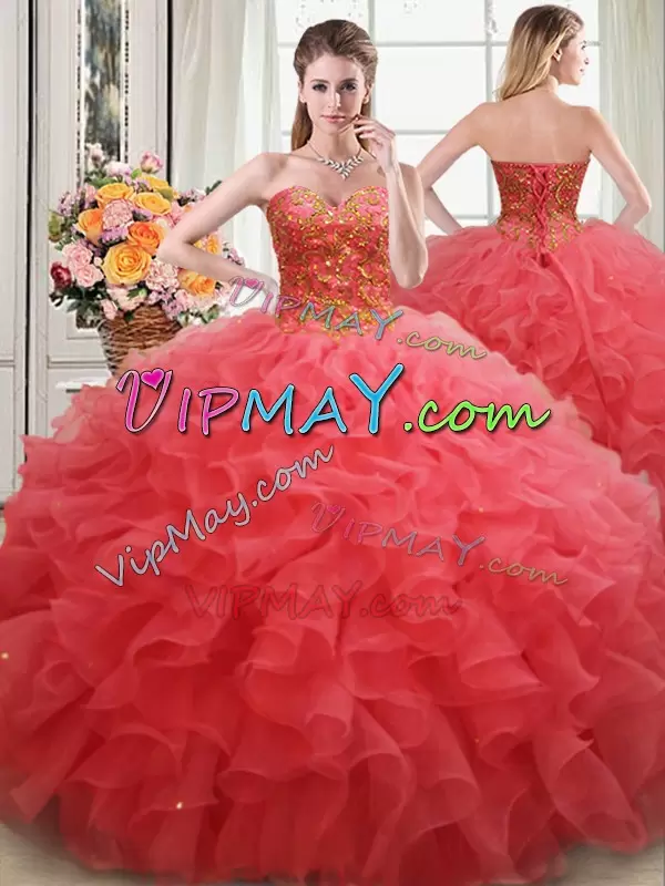 Sleeveless Organza Floor Length Lace Up Sweet 16 Dress in Coral Red with Beading and Ruffles