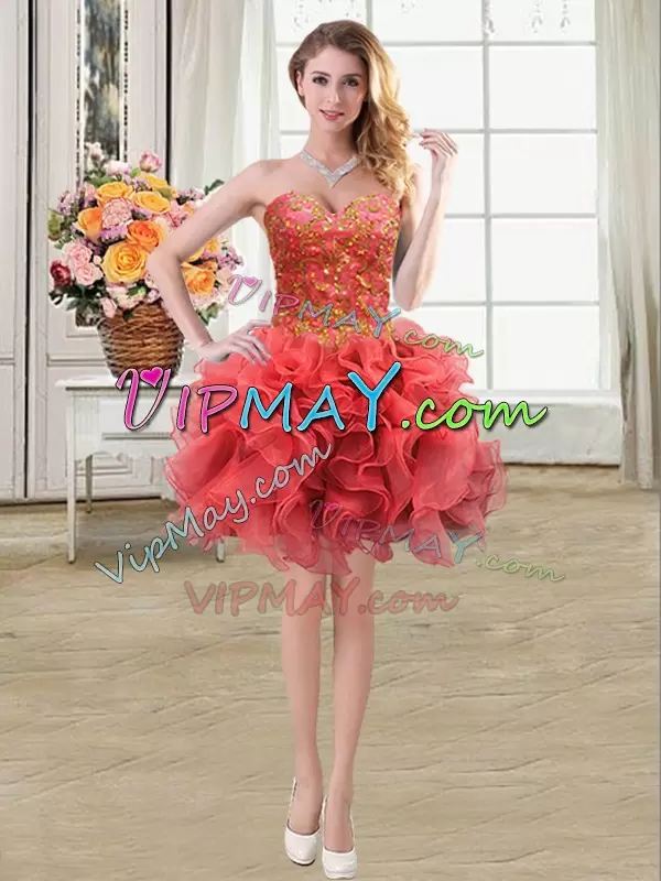 Sleeveless Organza Floor Length Lace Up Sweet 16 Dress in Coral Red with Beading and Ruffles