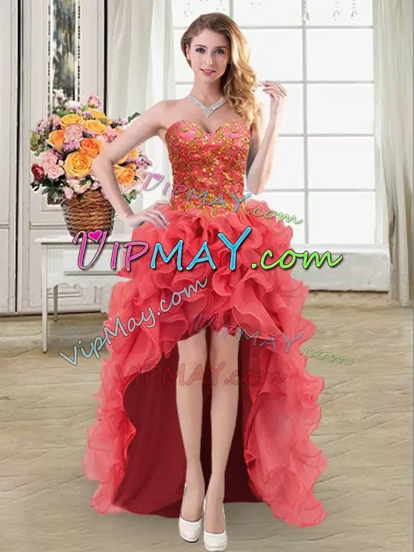 Sleeveless Organza Floor Length Lace Up Sweet 16 Dress in Coral Red with Beading and Ruffles