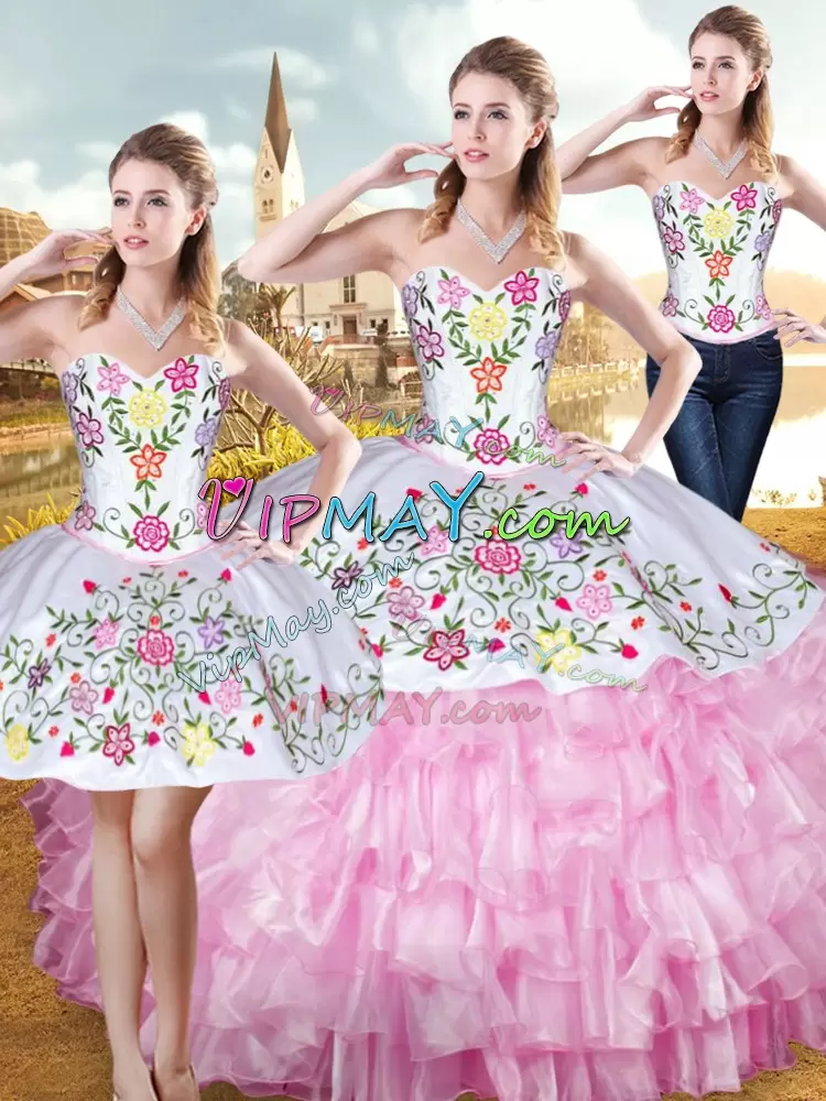 Three Pieces Quinceanera Gown Rose Pink Sweetheart Organza and Taffeta Sleeveless Floor Length Lace Up