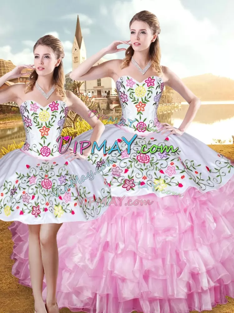 Three Pieces Quinceanera Gown Rose Pink Sweetheart Organza and Taffeta Sleeveless Floor Length Lace Up