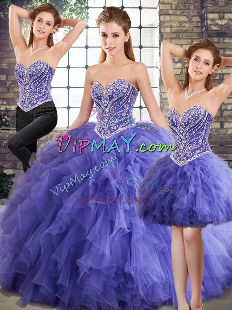 Spectacular Lavender Lace Up 15th Birthday Dress Beading and Ruffles Sleeveless Floor Length