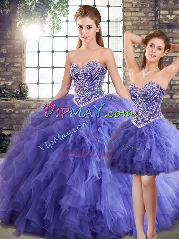 Spectacular Lavender Lace Up 15th Birthday Dress Beading and Ruffles Sleeveless Floor Length