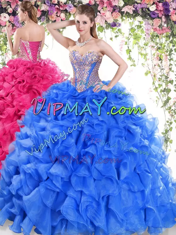 Blue Ball Gowns Sweetheart Sleeveless Organza Sweep Train Lace Up Beading and Ruffles Quinceanera Gown