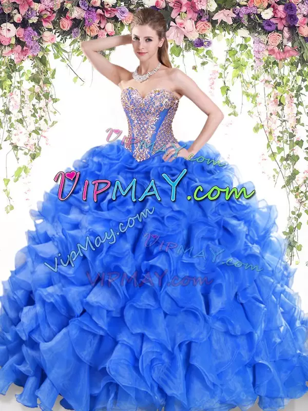 Blue Ball Gowns Sweetheart Sleeveless Organza Sweep Train Lace Up Beading and Ruffles Quinceanera Gown