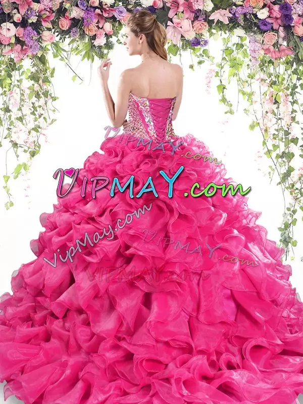 Blue Ball Gowns Sweetheart Sleeveless Organza Sweep Train Lace Up Beading and Ruffles Quinceanera Gown