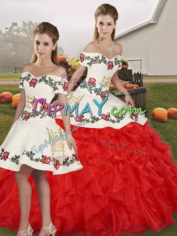 Low Price Off The Shoulder Sleeveless Organza Sweet 16 Dress Embroidery and Ruffles Lace Up