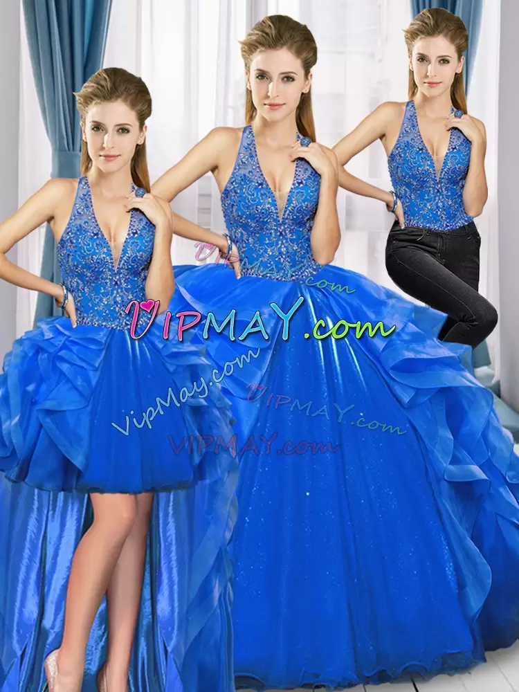 Popular Floor Length Royal Blue Vestidos de Quinceanera Tulle Sleeveless Beading and Ruffles