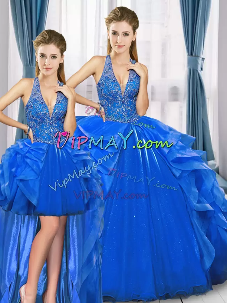 Popular Floor Length Royal Blue Vestidos de Quinceanera Tulle Sleeveless Beading and Ruffles