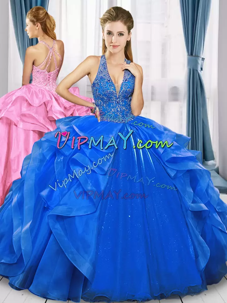 Popular Floor Length Royal Blue Vestidos de Quinceanera Tulle Sleeveless Beading and Ruffles