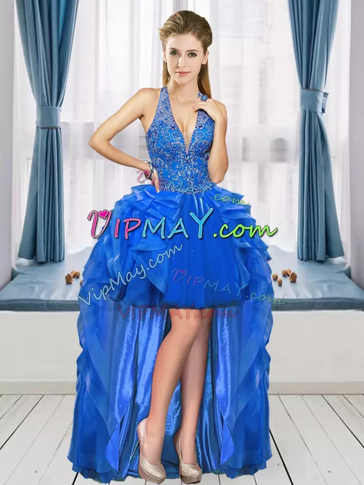 Popular Floor Length Royal Blue Vestidos de Quinceanera Tulle Sleeveless Beading and Ruffles