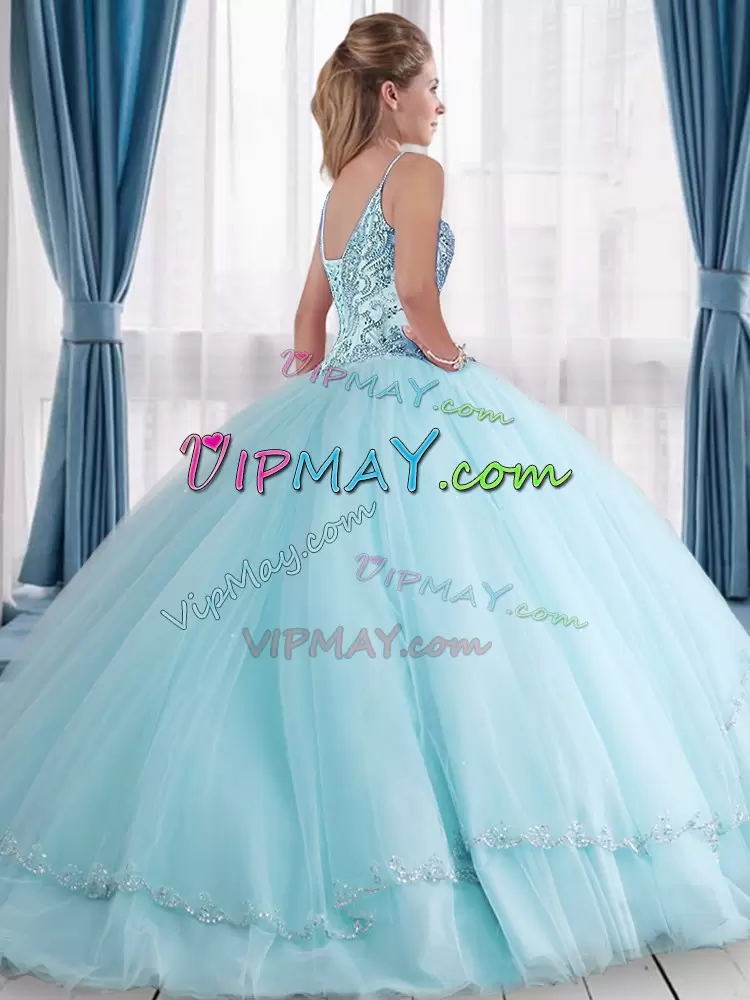 Tulle Spaghetti Straps Sleeveless Sweep Train Lace Up Beading Quince Ball Gowns in Purple