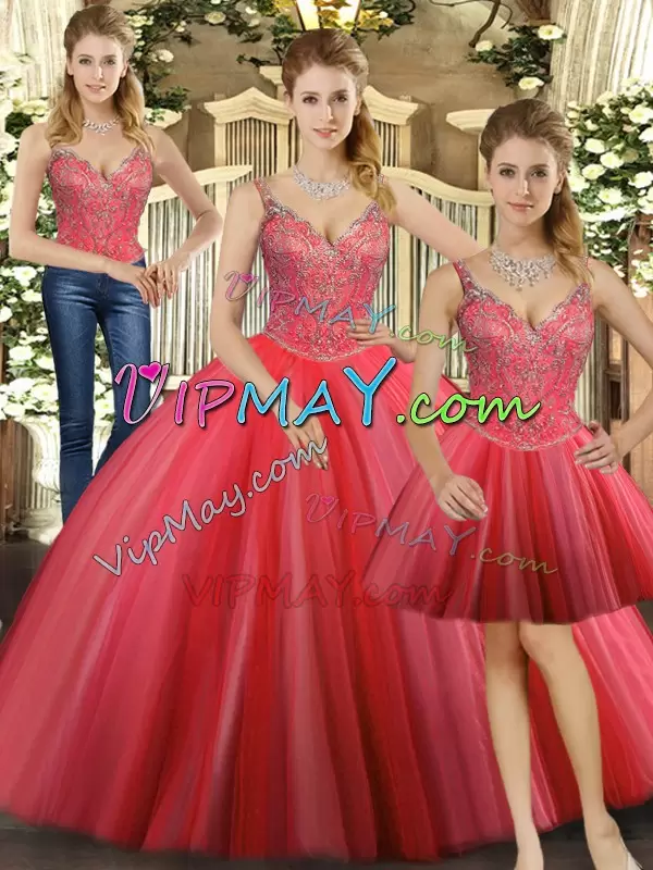 Stunning Sleeveless Tulle Floor Length Lace Up Quinceanera Gowns in Coral Red with Beading