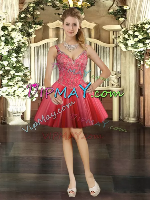 Stunning Sleeveless Tulle Floor Length Lace Up Quinceanera Gowns in Coral Red with Beading