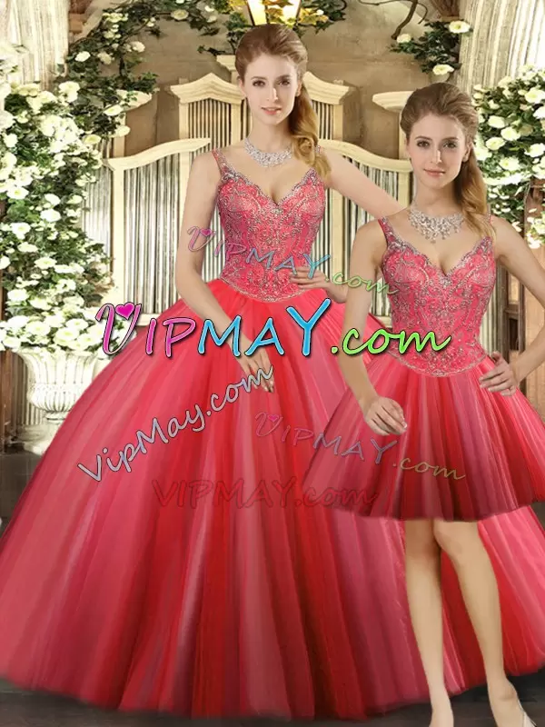 Stunning Sleeveless Tulle Floor Length Lace Up Quinceanera Gowns in Coral Red with Beading